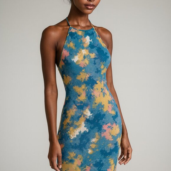 ZARA Multicolor Patterned Bodycon Halter Midi Dress Size 26EU/2USA - Picture 3 of 9